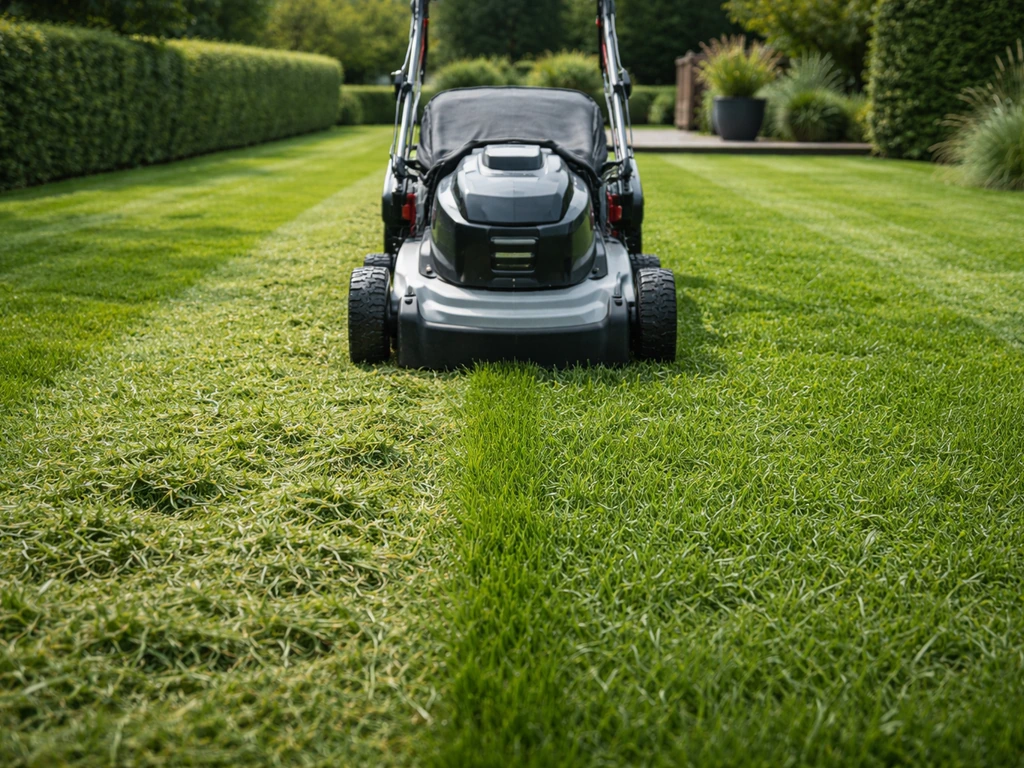 Twee rijen gazon: kort maaisel in een opvangbak/zak en maaisel dat tussen de sprieten verdwijnt.