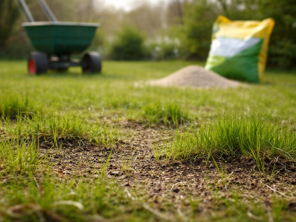 Herstellend gazon met nieuw opkomende grassprieten en bemestingszak/strooier op de achtergrond.