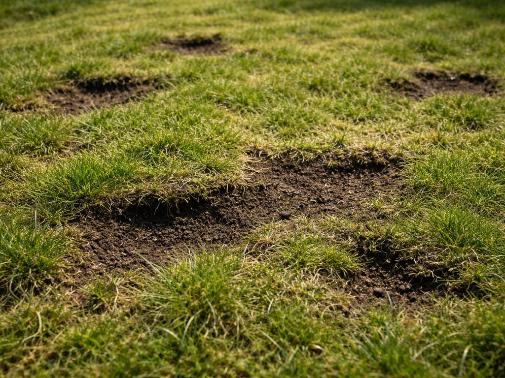 Nabij-opname van een gazon met kale plekken en dunne zones, met zichtbare open graszode en wat mos/vilt.