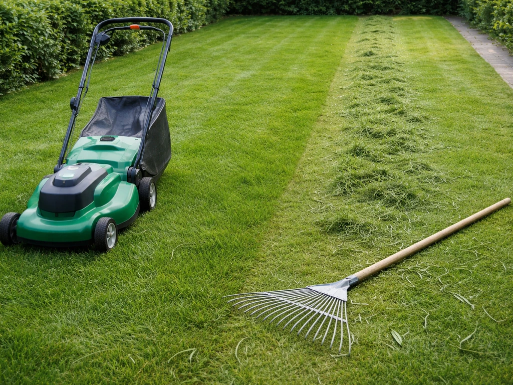 Gazon dat kort is gemaaid (±4–5 cm) met maaisel en een tuinhark om het weg te vegen.