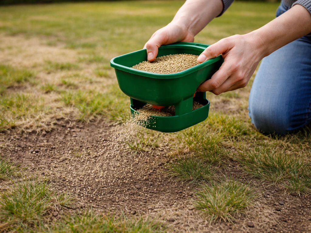 Hand met kleine strooier die gelijkmatig zaad uitstrooit over kale grasmat in de tuin