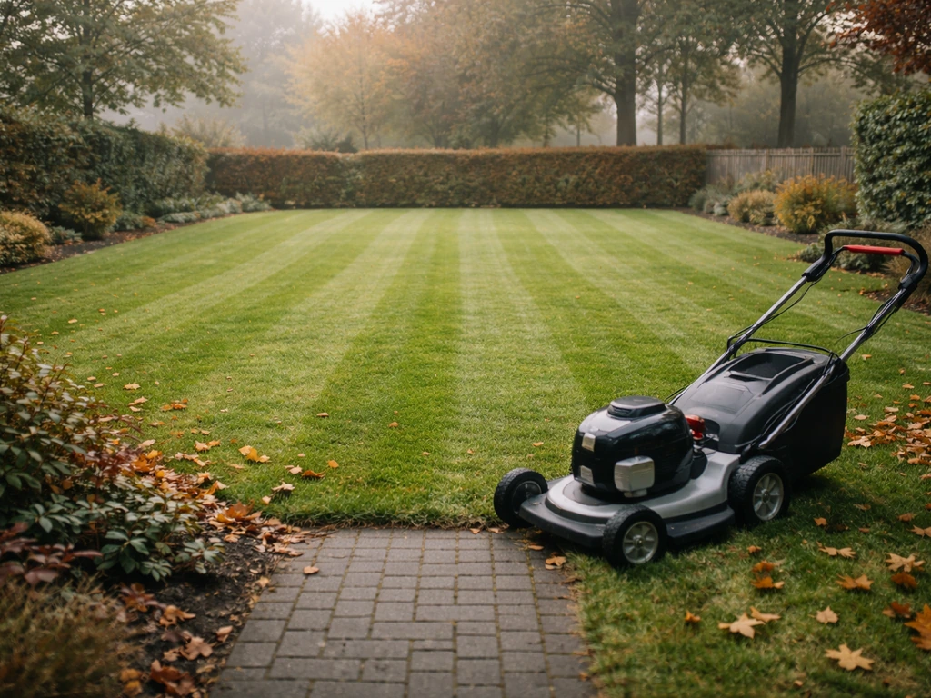 Oktober-gazon met net gemaaide banen, grasmaaier ernaast en herfstbladeren rond het gras.