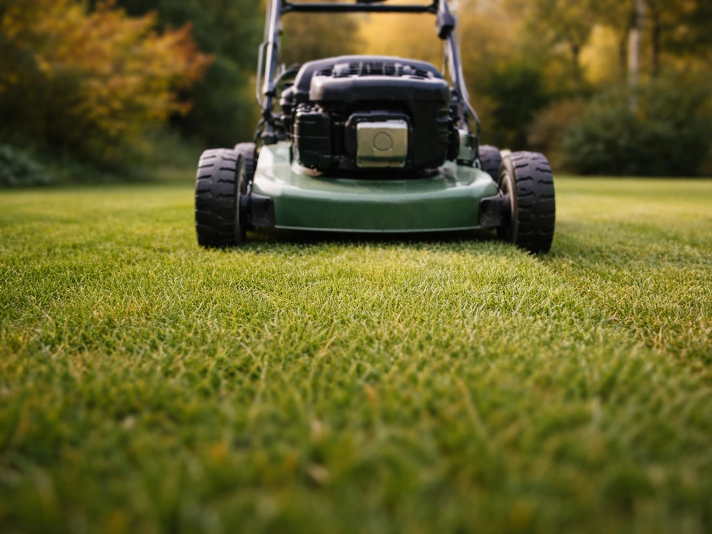 Gazon met maaier die op hogere maaihoogte is ingesteld, gras gelijkmatig kort afgewerkt in herfstlicht.