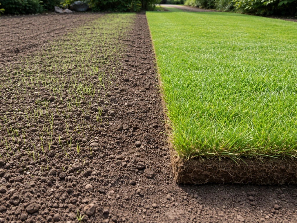 Links kiemplantjes uit zaad, rechts uitgerolde rolzoden op aarde in een tuinstrook.