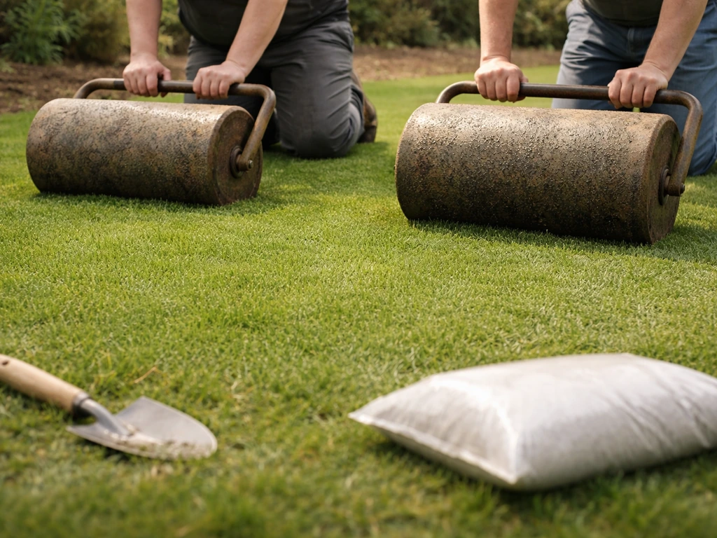 Jonge groene grasmat in een tuin terwijl looprollen/loopmatten zacht worden uitgerold voor egalisatie, met mest erbij.