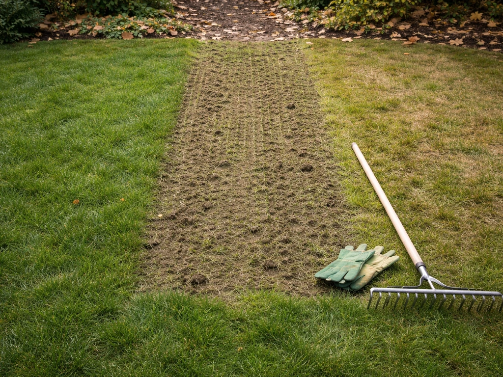 Bovenaanzicht van een septembergazon met herfstbladeren en een voorbereide strook met hark en tuinschoenen bij de rand.