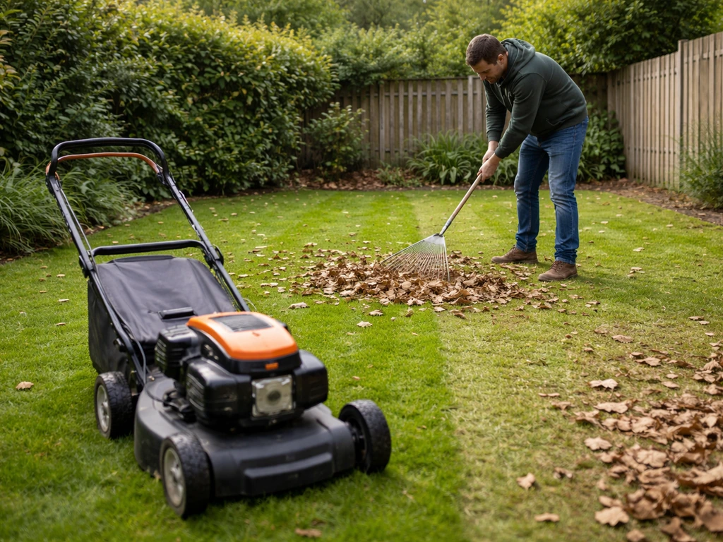 Persoon harkt bladeren weg en maait een strook korter met een grasmaaier in een tuin, los blad op achtergrond.