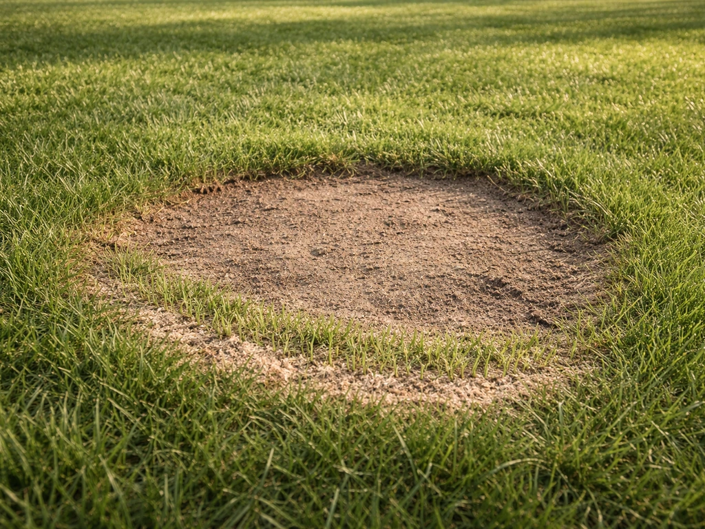 Close-up van ingezaaide grassprieten naast een kale plek in een gazon, met lichte deklaag van zand/grond.