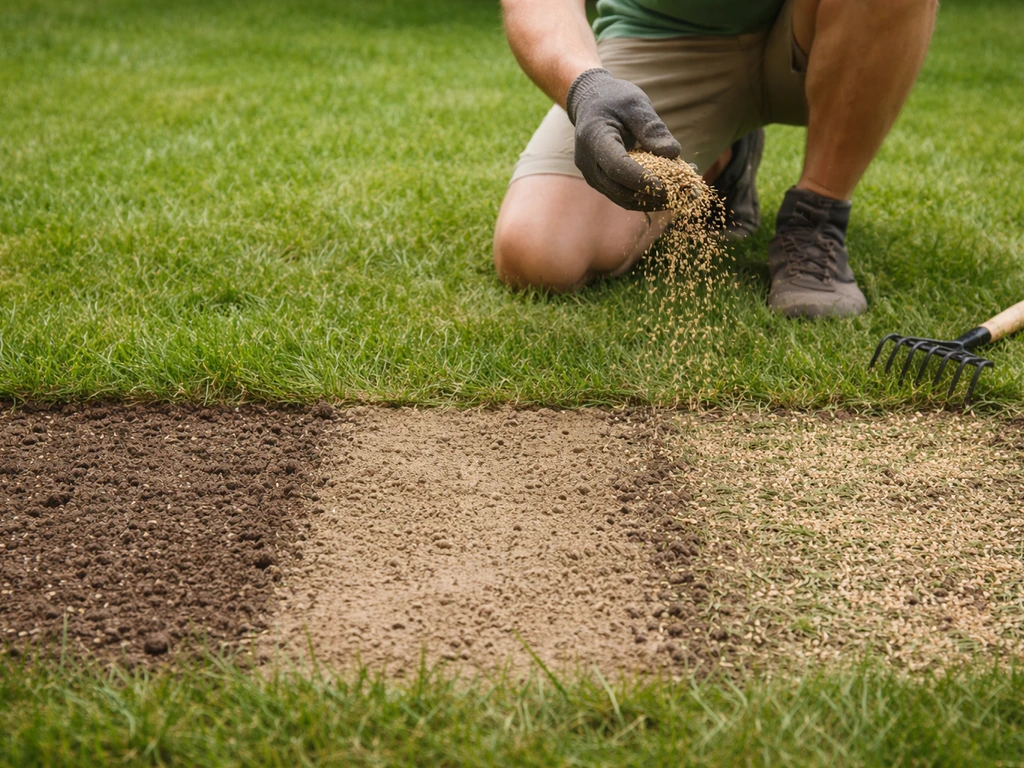 Hand die graszaad strooit; links dieper ingewerkt, rechts ondiep—lichte inharksporen in een klein gazon.