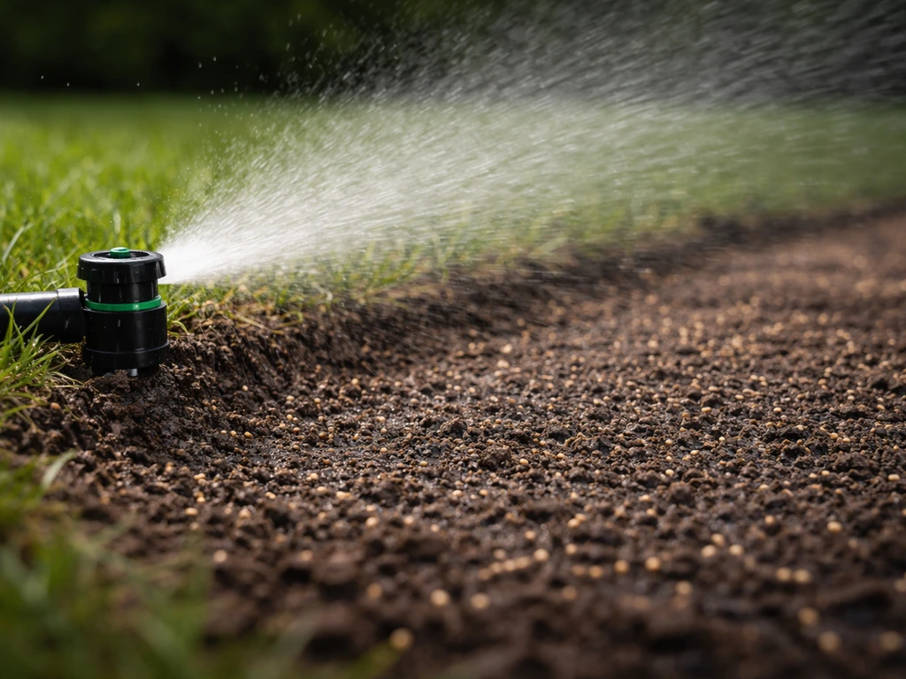 Draaiende sproeier geeft licht en gelijkmatig water aan vers ingezaaid gazon; vochtige grond zichtbaar.