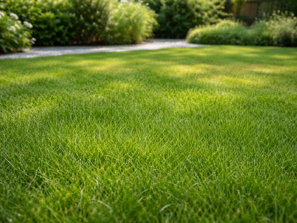 Groen gazon in een Nederlandse tuin bij zomerlicht, met lichte hitteplekken op de achtergrond.