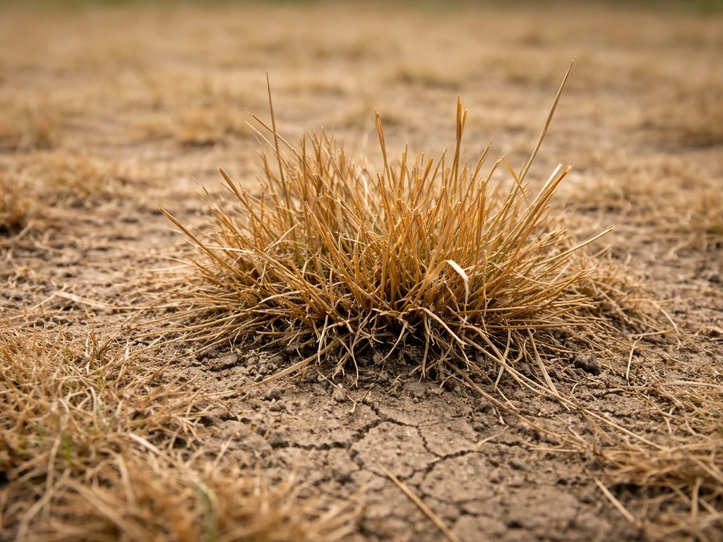Gele en bruine graspol met schilferige, knapperige zode in droge zomerhitte
