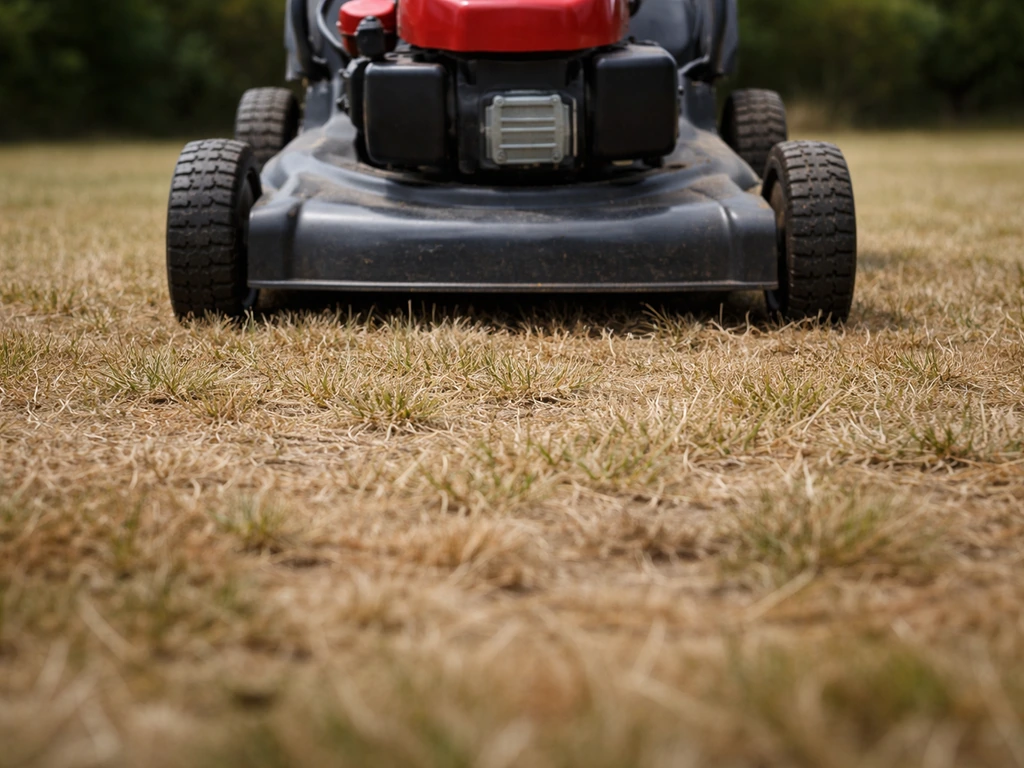 Gazon met te kort gemaaid en dor gras, grasmaaier met te lage maaihoogte op de achtergrond
