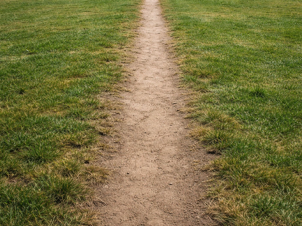 Kaal en bruin gazon langs een vaste looproute met verdichte grond en minder groeiend gras