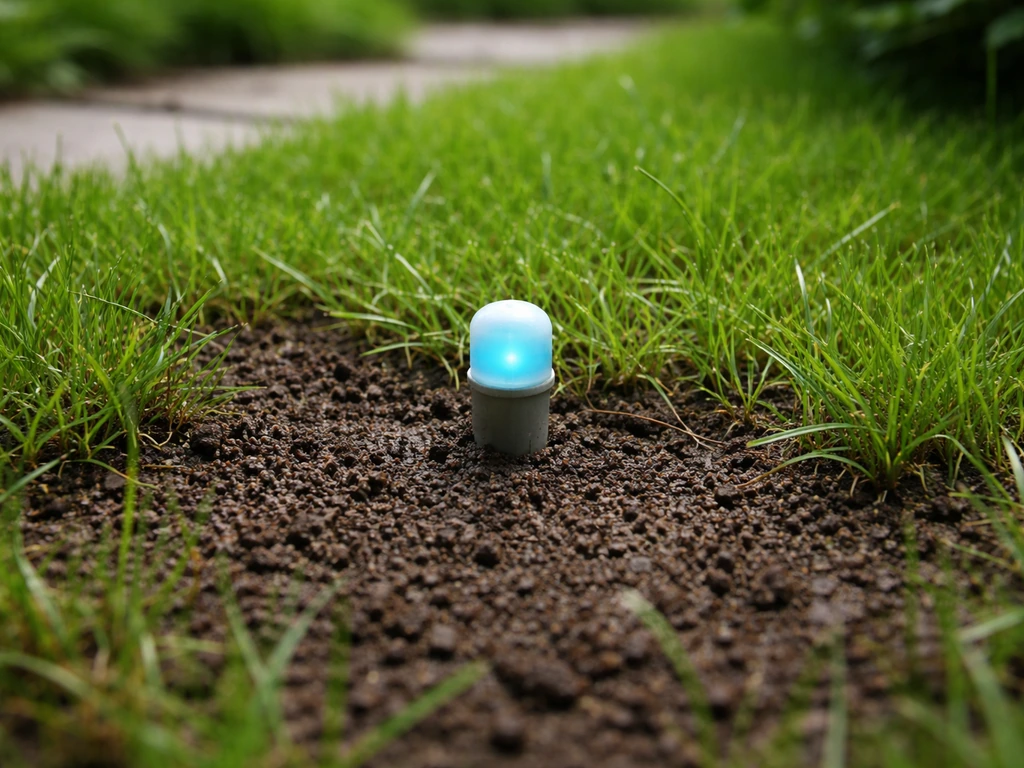 Egaal vochtig gras en aarde na een diepe besproeiing met een kleine, discreet zichtbare vochtindicator.