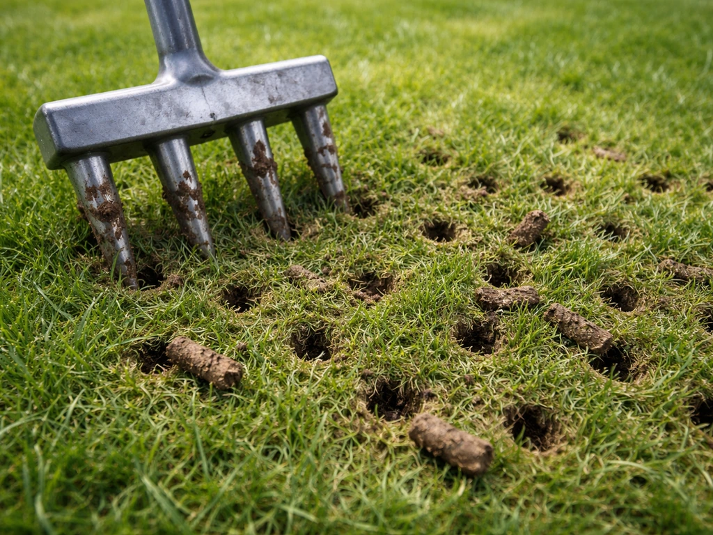 Beluchte gazonmat met beluchtingsvork en kleine gaatjes in het gras, klaar voor nazorg