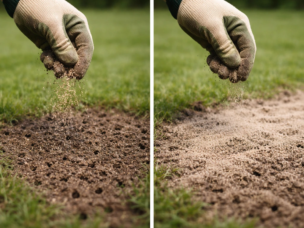 Close-up van grasmat na ontluchten: graszaad valt in open gaatjes en topdressing wordt dun aangebracht.