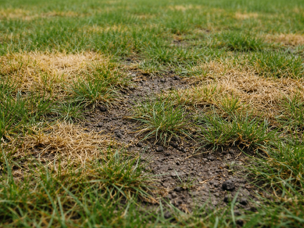 Close-up van vergeelde en bruine plekken in het gazon met doorzichtige plekken, passend bij een gazoncheck in april.