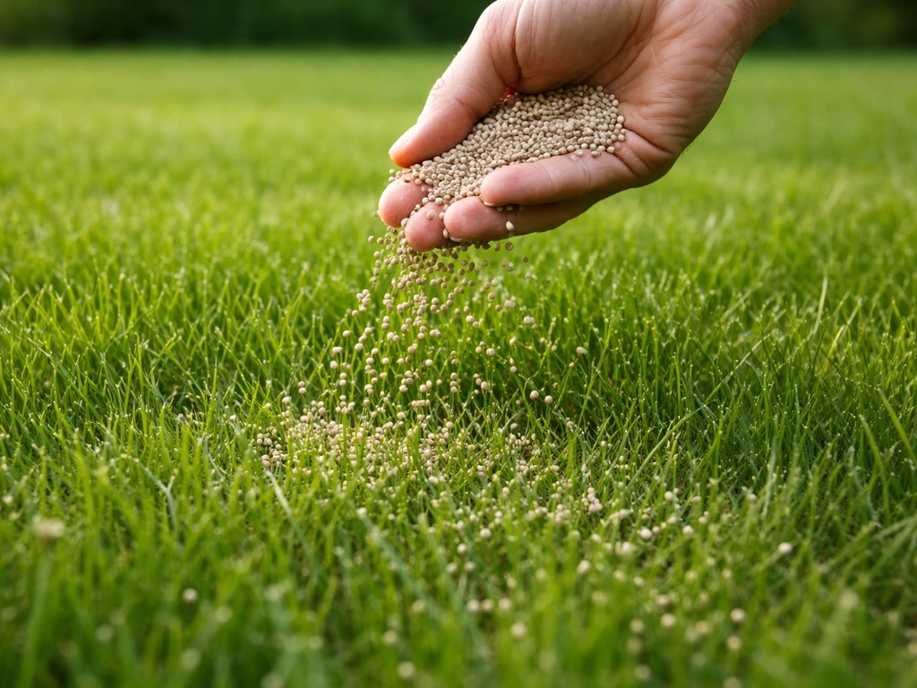 Groene tuin met zichtbaar uitgestrooide korrelige gazonmest over het gras in april.