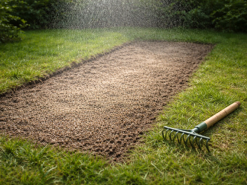 Gezaaide, licht afgeharkte kale strook in een tuin met subtiele beregening direct na het zaaien.