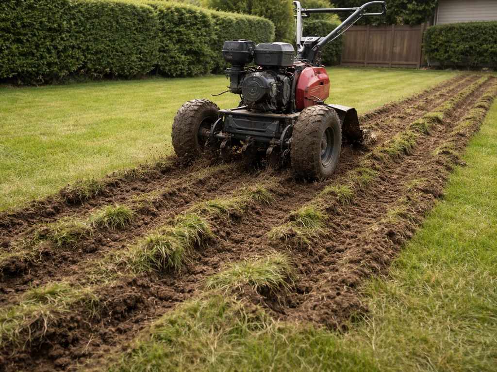 Graszoden die worden gefreesd op een Nederlands gazon, met een freesmachine en losgekomen grond in beeld.