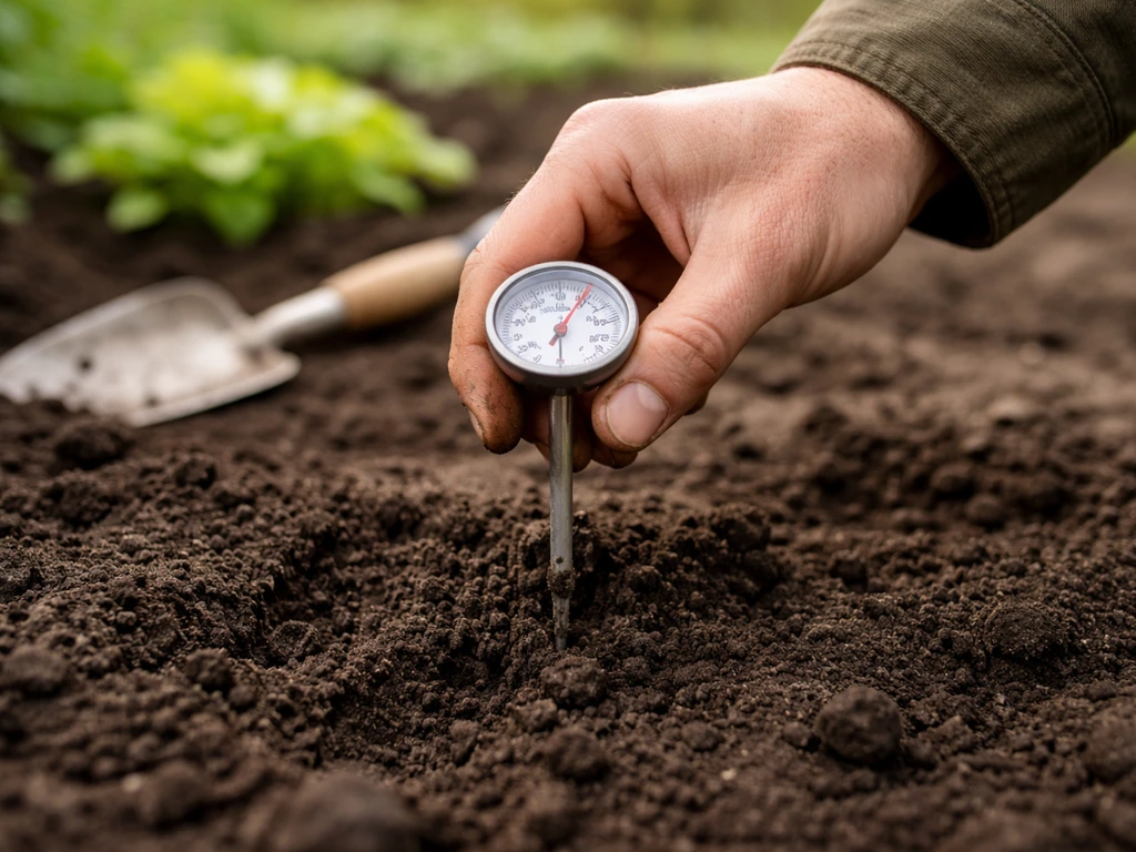 Hand meet bodemtemperatuur met een bodemthermometer van ongeveer 5 cm diep in de tuin