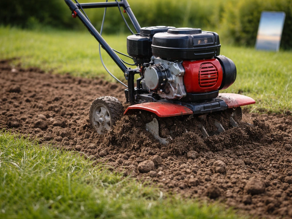 Freesmachine die over gazon rijdt met niet-modderige bodem, met smartphone op de achtergrond met droog-weer indicatie.