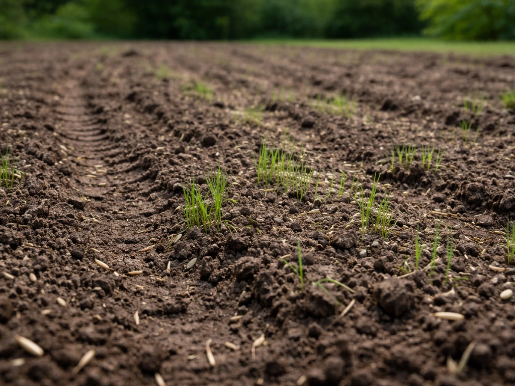 Gefreesd gazon met verse gras-kiemen/zaad dat klaarligt voor herstel en herinzaai.