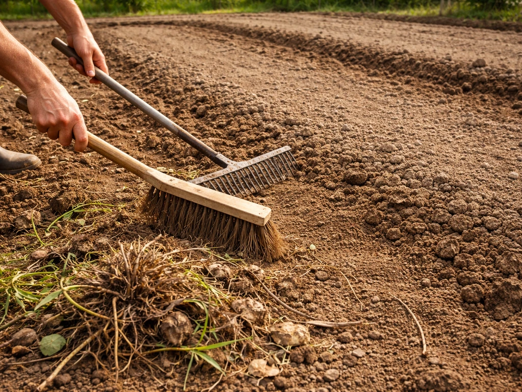 Hark en bladveger die plant- en rooiresten uit gefreesde stroken halen, bodem klaar voor volgende stap.