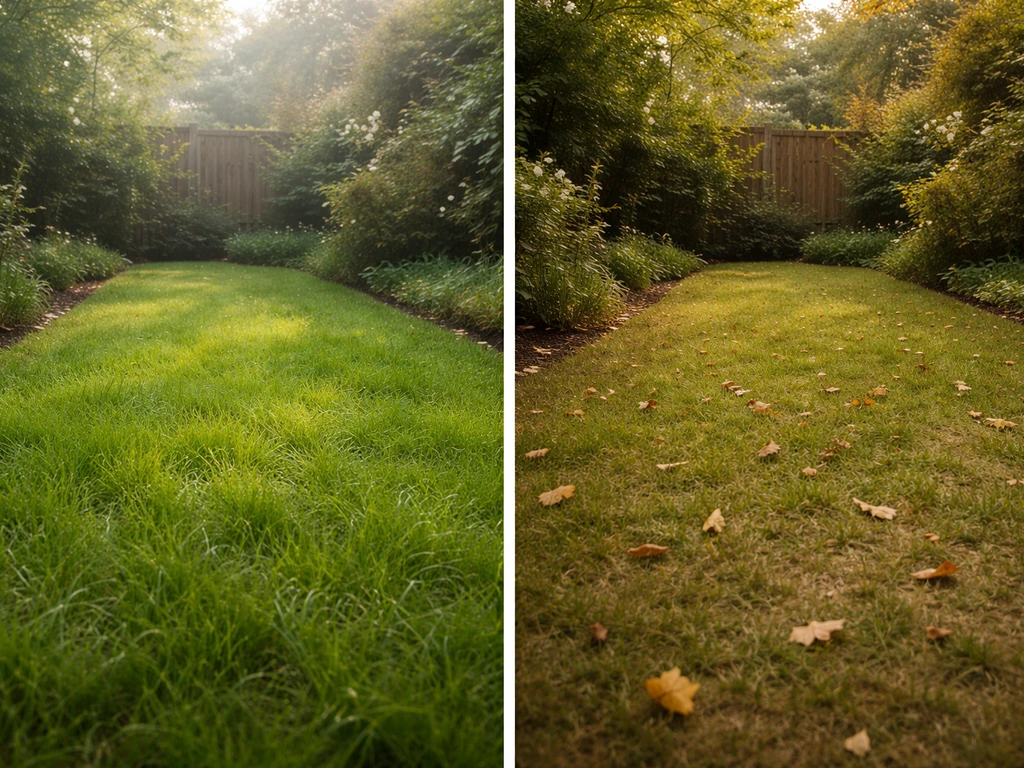 Twee naast elkaar geplaatste tuinbeelden: groen nieuw gras in het voorjaar en rustiger gazon in het najaar.