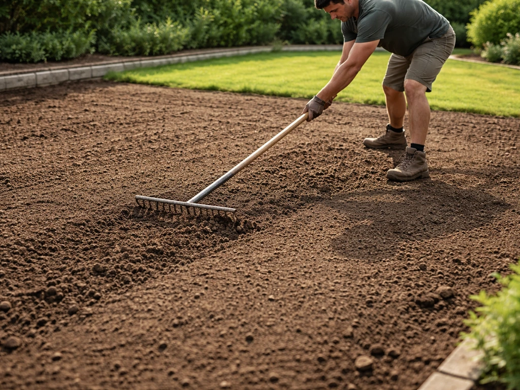 Tuinier egaliseert verse aarde met een hark voor een vlak gazonoppervlak.