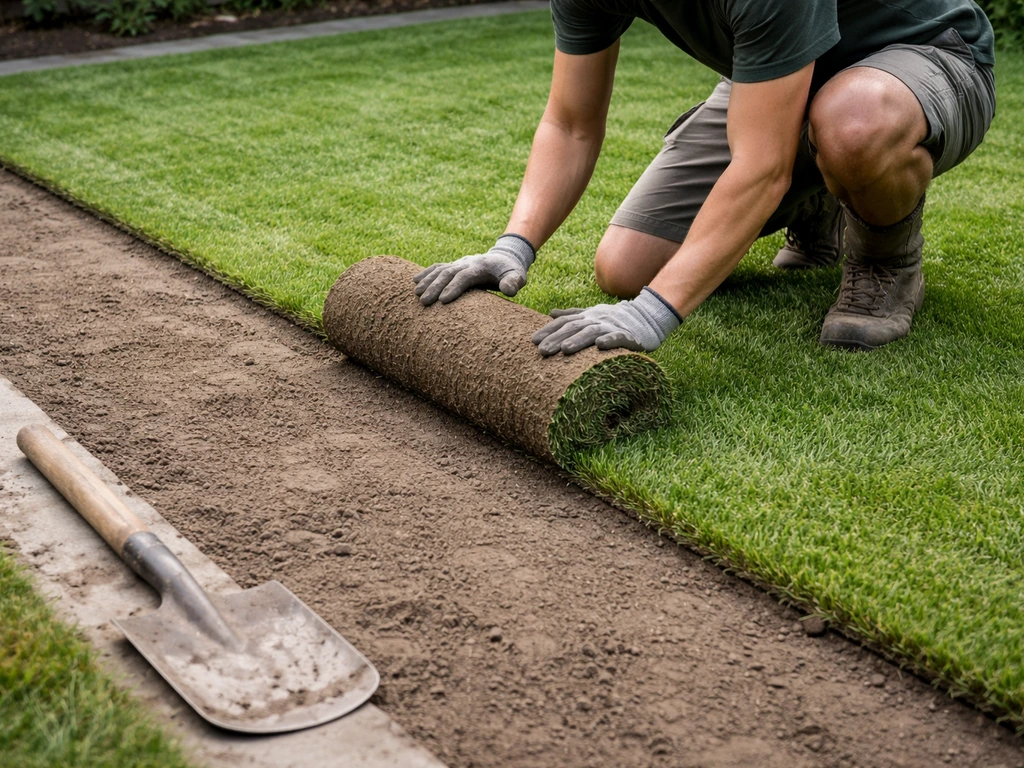 Anonieme tuinier die graszoden op maat legt met een strakke overgang naar bestaand gazon.