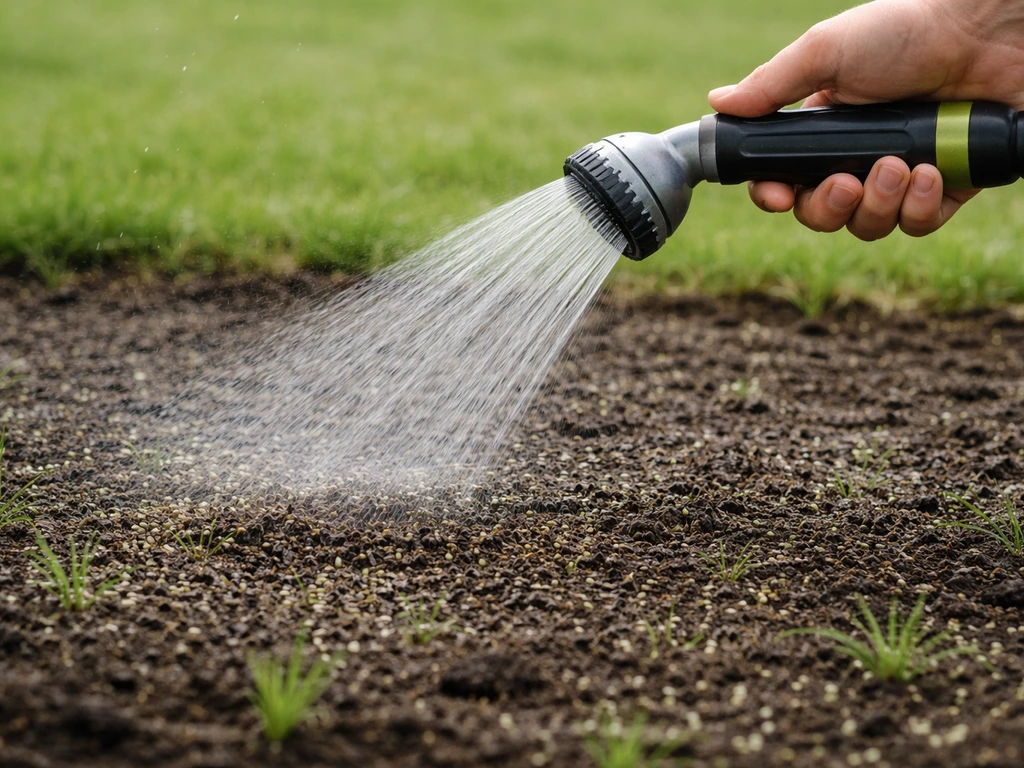Hand met tuinslang/beregeningskop beregent vers ingezaaid gazon; bovenlaag vochtig, frisse nazorg in droog weer.