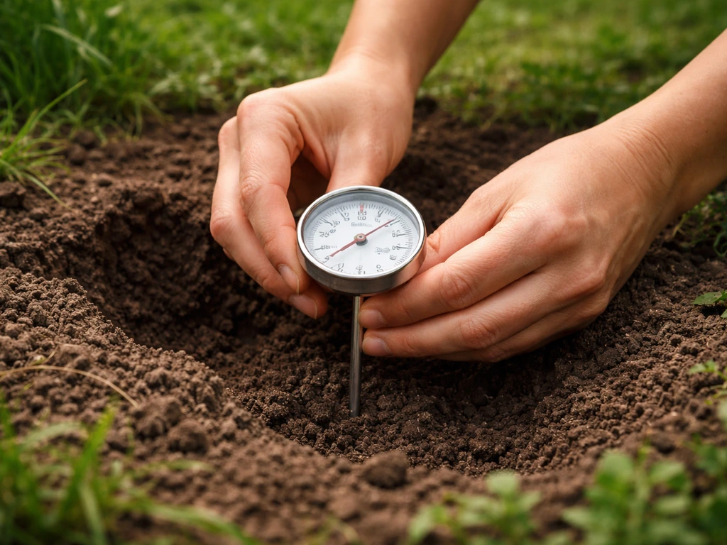 Handen die een bodemthermometer op ±5 cm diepte in de grond steken voor het zaai-moment van het gazon.
