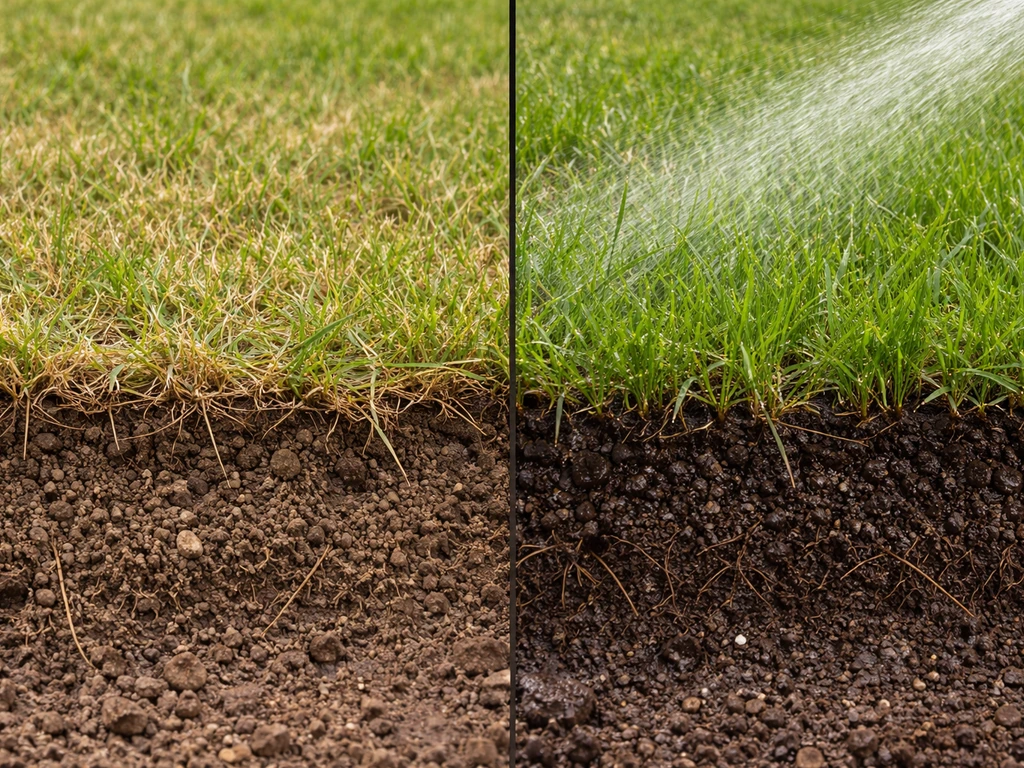 Close-up van vochtige gazonbodem, met licht verkleurde toplaag van 3–5 cm na gericht sproeien