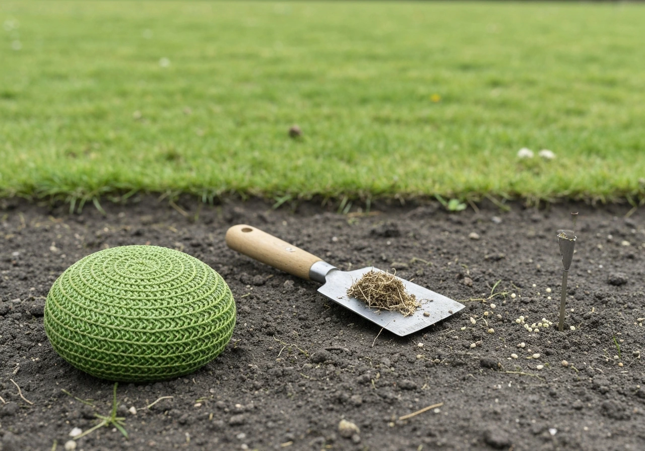 Verzorgd Nederlands gazon met maaien, bemesten en beluchten gereedschap in één rustige tuinscene.