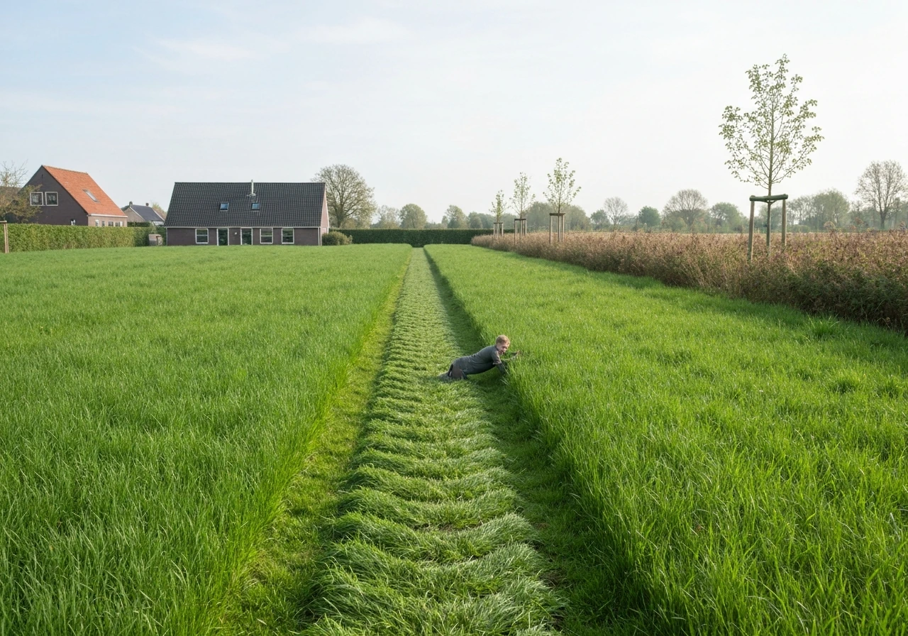 Gelijkmatig gemaaid gazon met een grasmaaier op de juiste maaihoogte in een rustige tuin