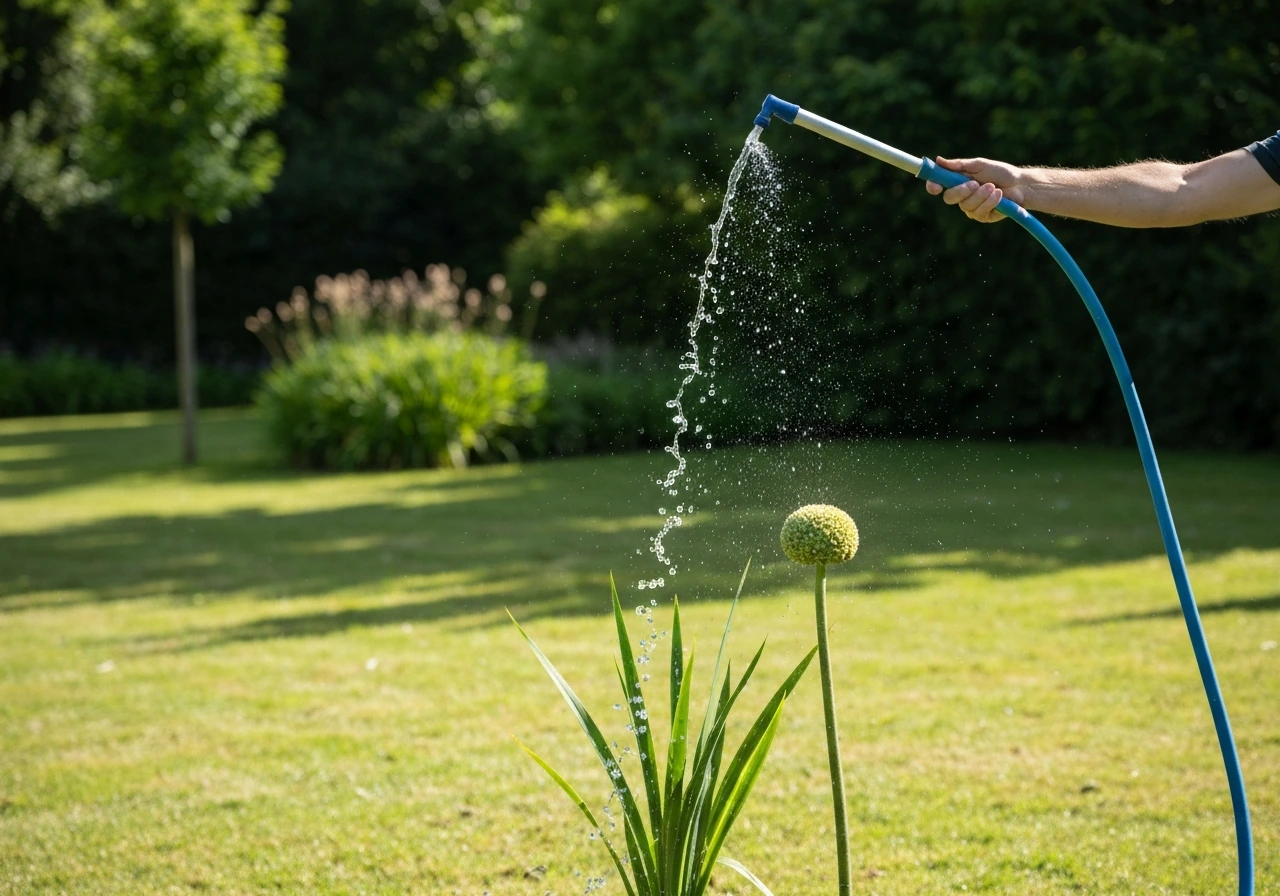 Tuinmanier: tuinslang sproeit gericht een groen gazon tijdens warme zomerlucht in Nederland.