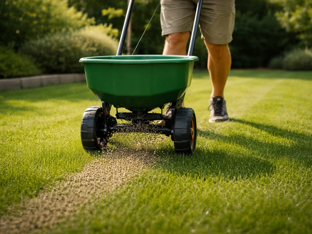 Een aan het werk zijnde strooier die korrelmest gelijkmatig over een groen gazon verspreidt.