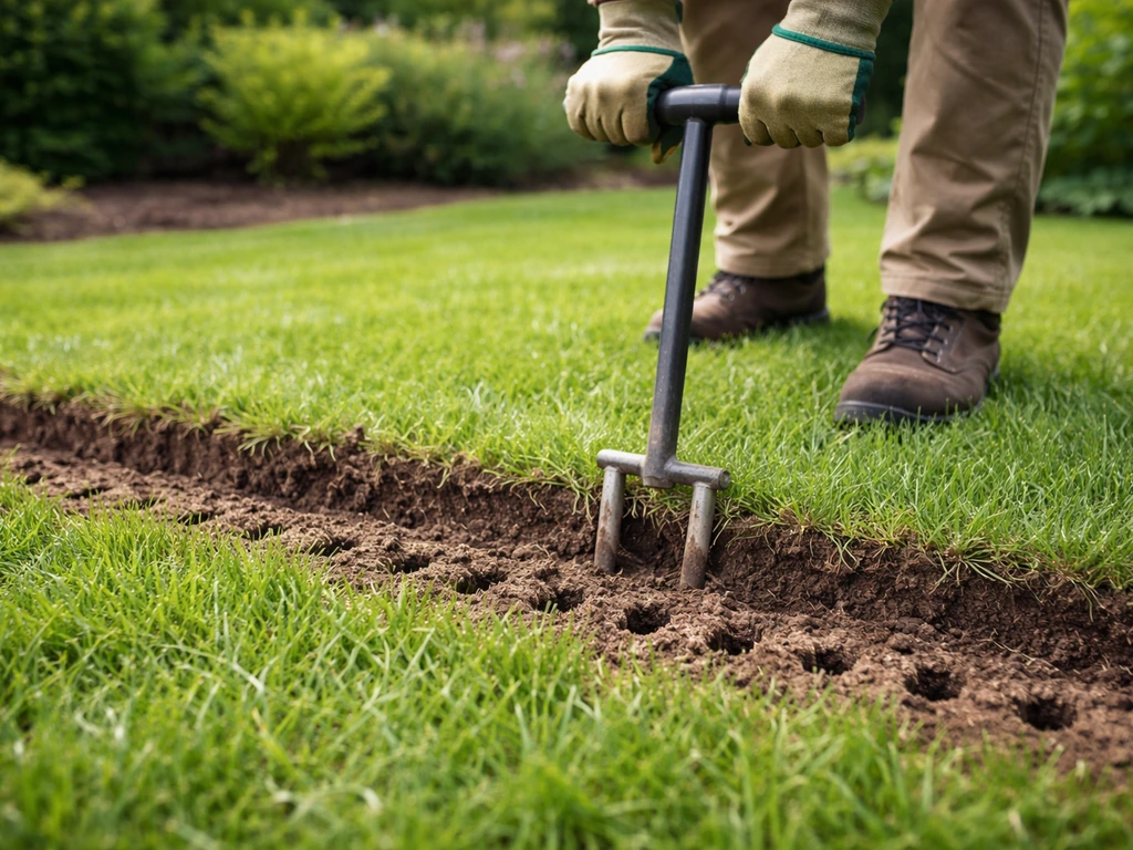 Tuinier prikt gaten in verdichte grasmat; aarde komt los en laat een open bodemprofiel zien.