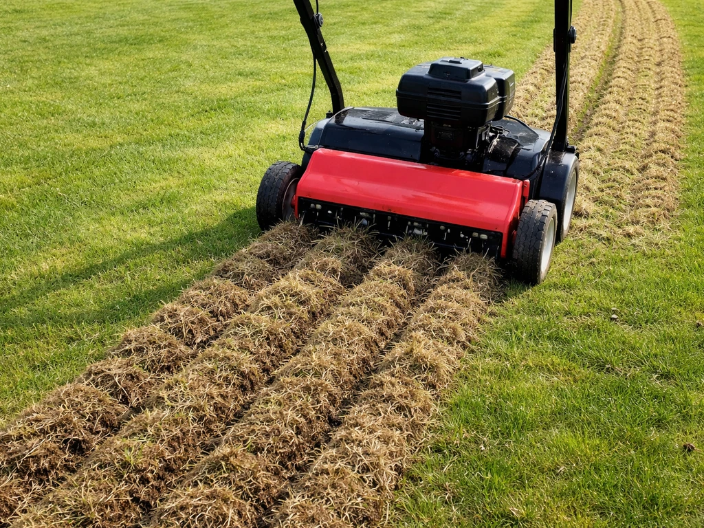Verticuteermachine trekt over een gazon en laat licht uitgesneden banen door viltlaag zien.