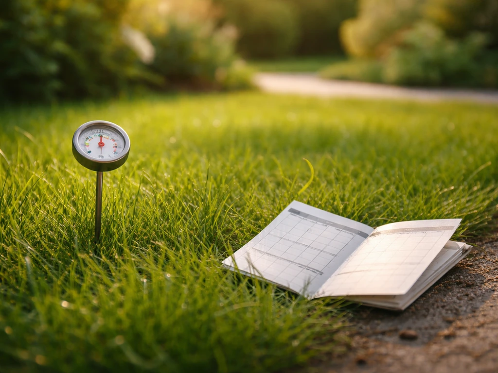 Actief groeiend gazon met meetende thermometer en kapotte tuinkalender, april en augustus tot oktober sfeer.