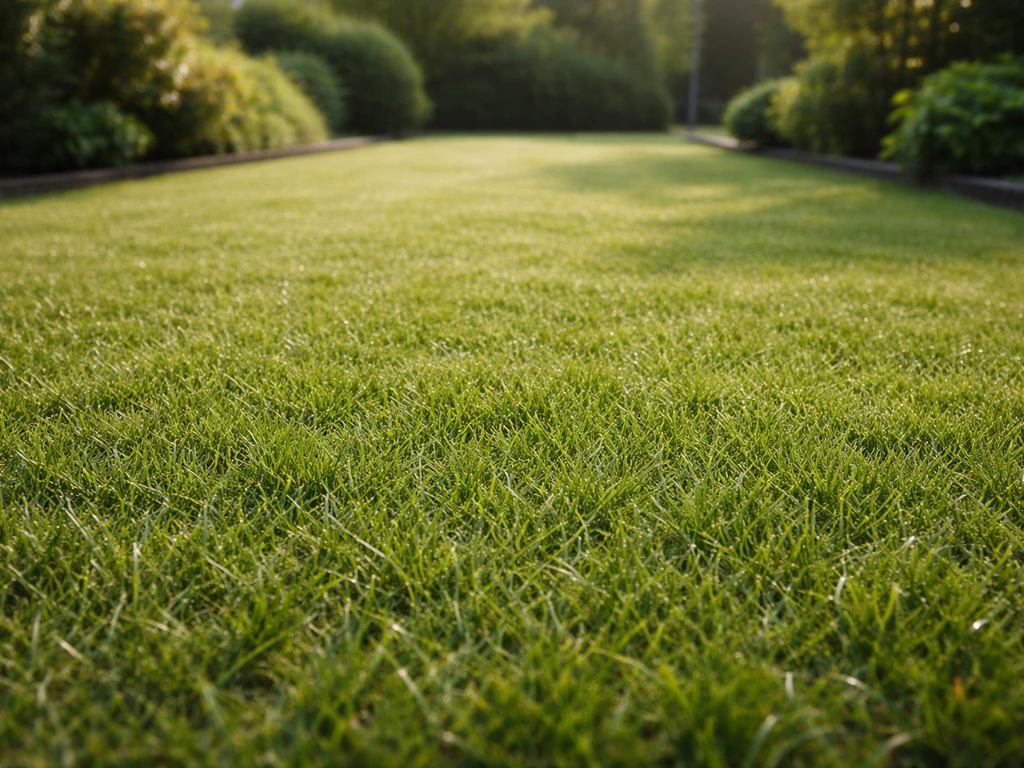 Kort gemaaid gazon van 3–4 cm als voorbereiding op verticuteren in een rustige tuin.