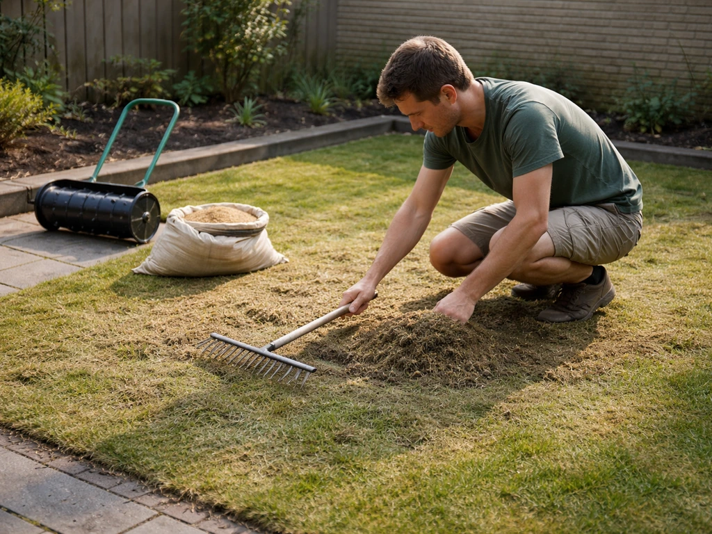 Tuinman knielt bij een gazon met opgeharkte viltresten, klaar voor beluchten en bijzaaien.