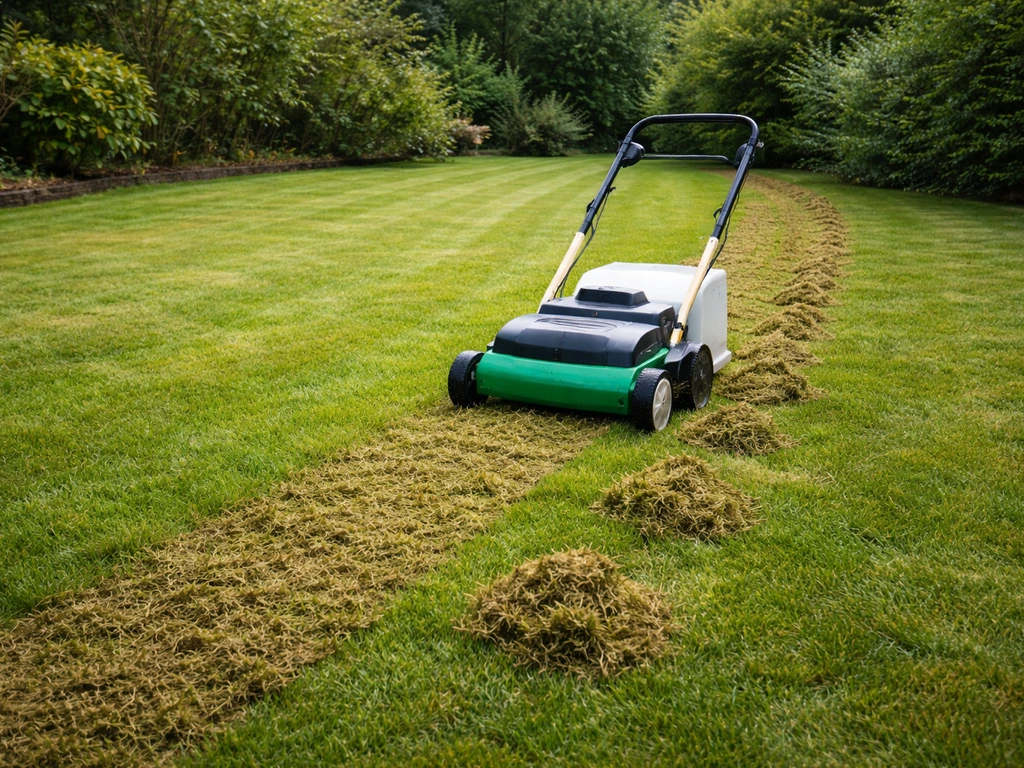 Verticuteermachine rolt over gazon; los mos en vilt liggen zichtbaar op het gras in een rustige NL-tuin.