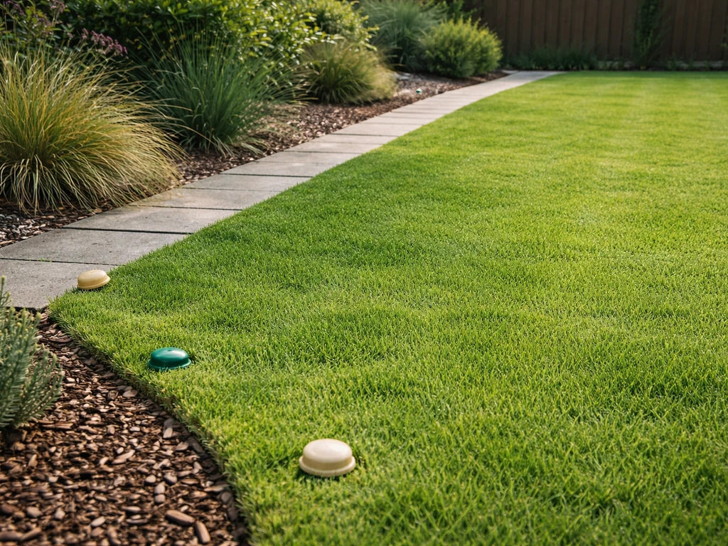 Gegaaid gazon van 3–4 cm met gemarkeerde sprinkler-/randobstakels langs de tuinrand, klaar om te verticuteren.
