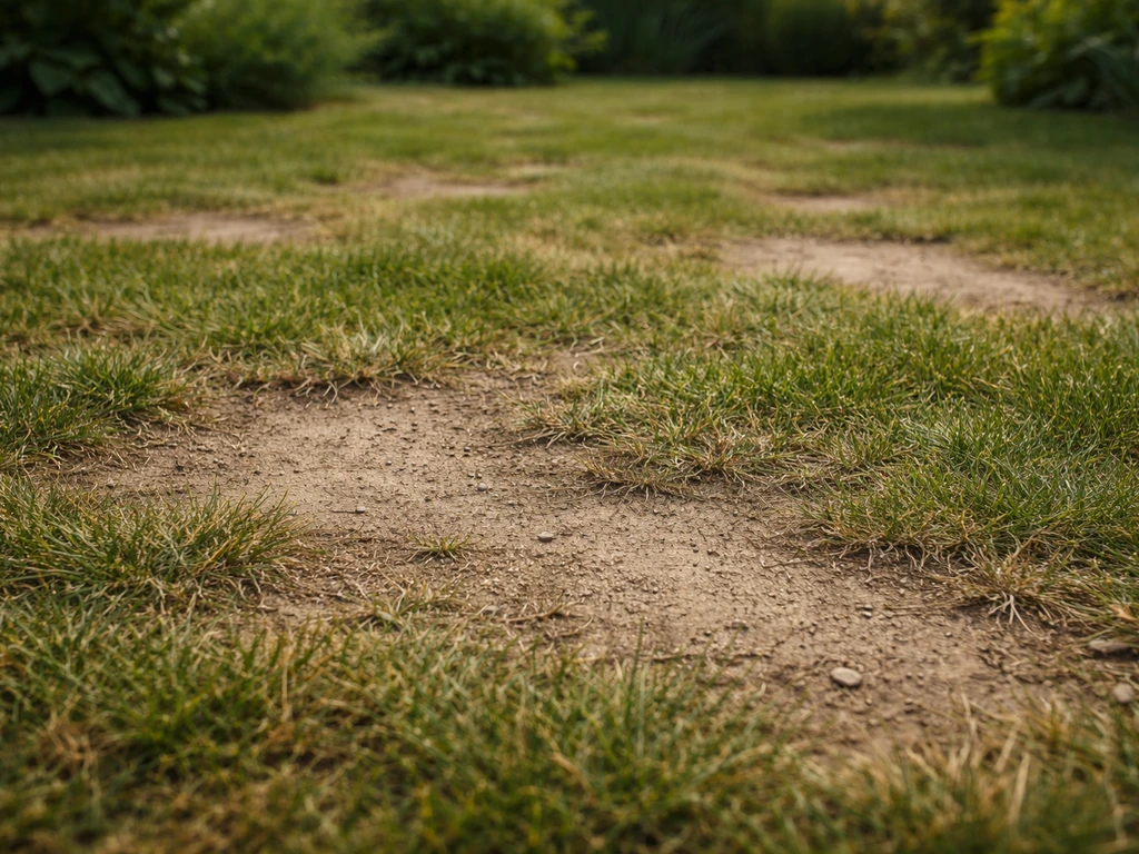 Buiten gazon met zichtbare kale plekken en dun gras, duidelijke schade op de bodem