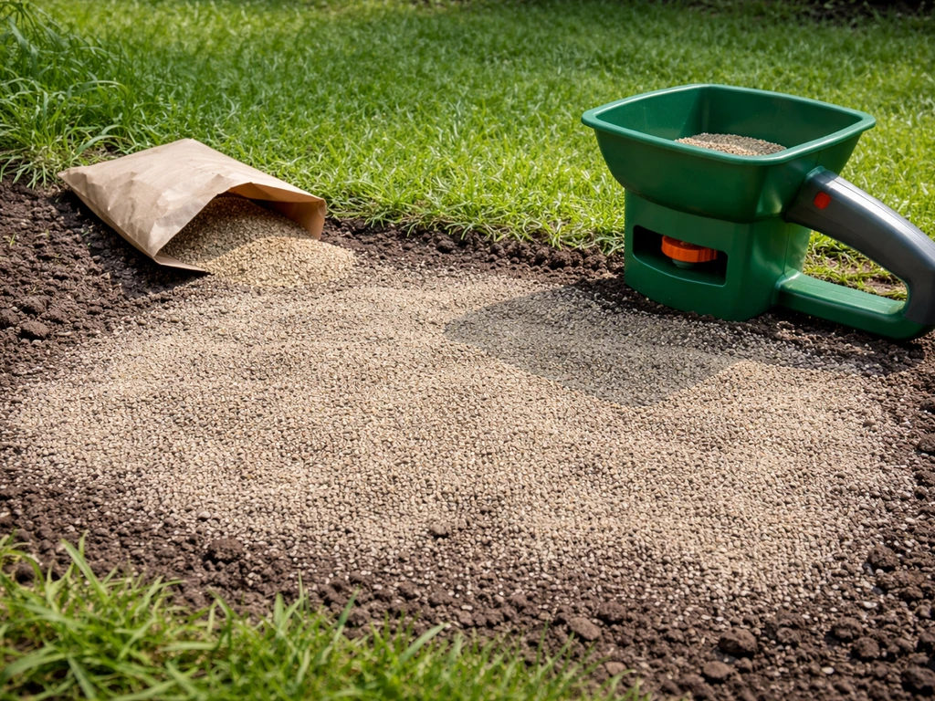 Graszaadzakje en zaaiverspreider naast een zaaibed, met dun laagje afdekmateriaal (topdressing) in een tuin.