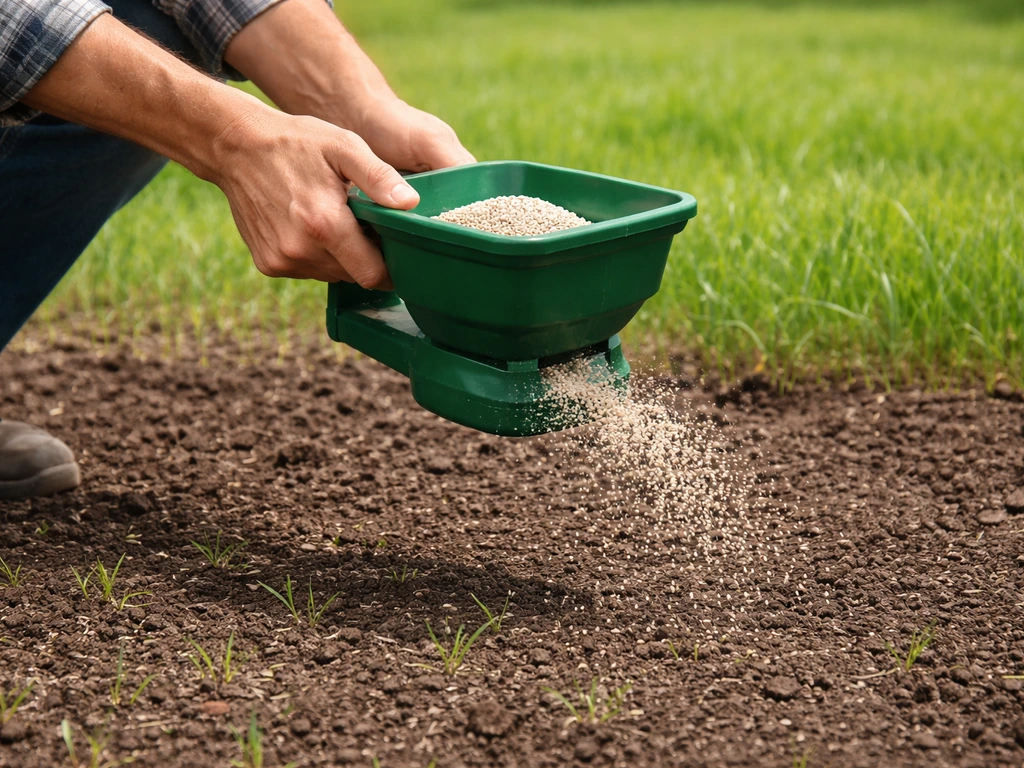 Iemand strooit startmest op een pas ingezaaid gazon, daarna zie je jonge spruiten in de achtergrond