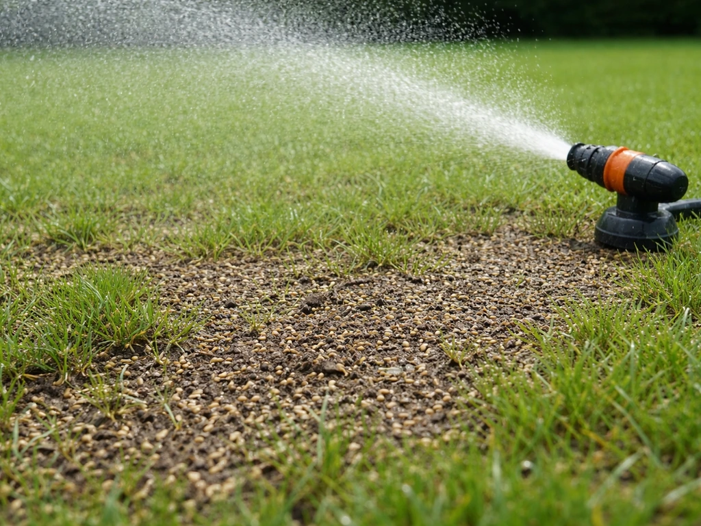 Close-up van een fijne sproeier die zacht water geeft op net ingezaaid graszaad, zonder plassen.